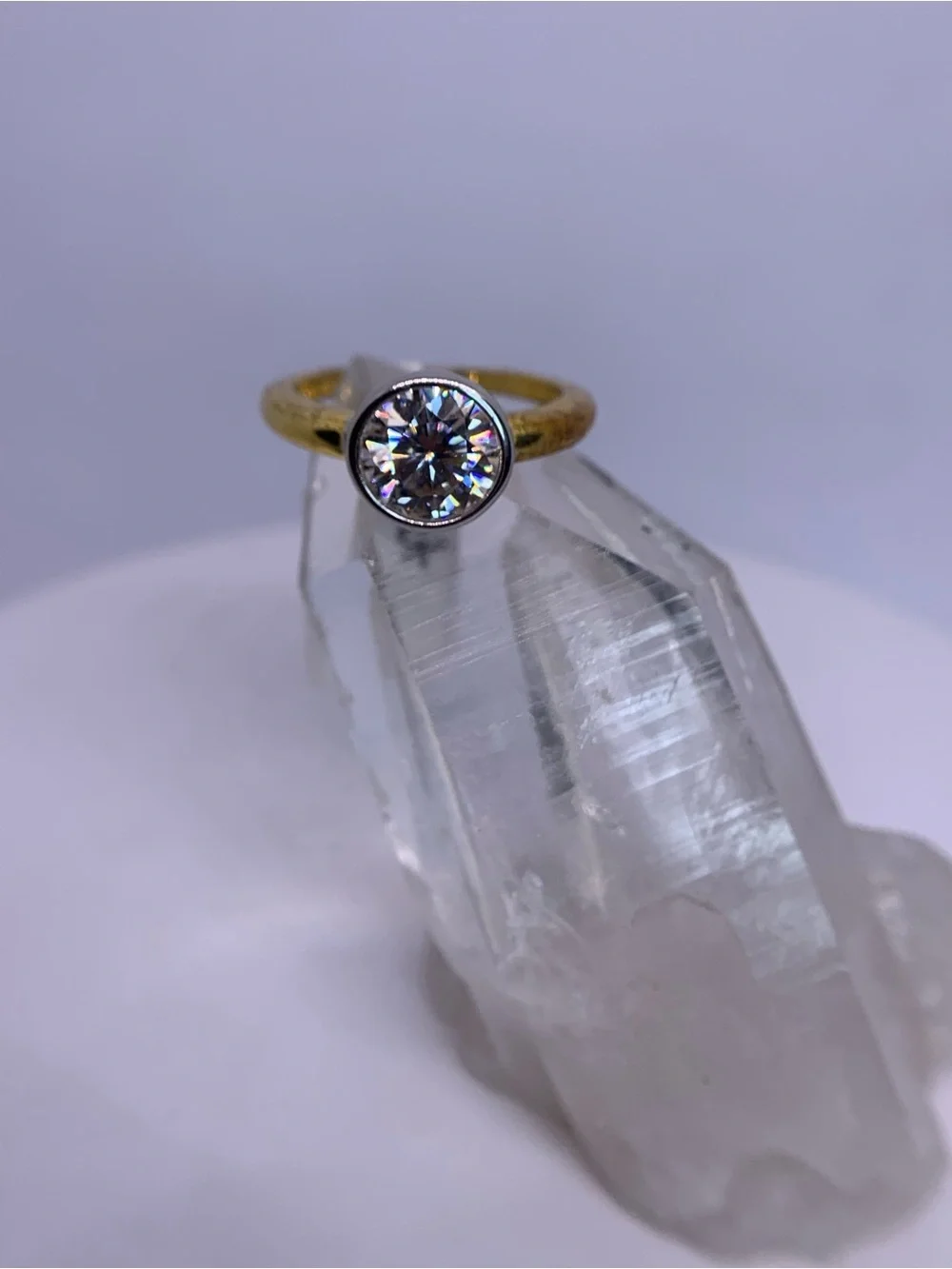Yellow - White Gold Two Tone Bezel Moissanite Ring Brilliant Round Cut GRA 2 Ct